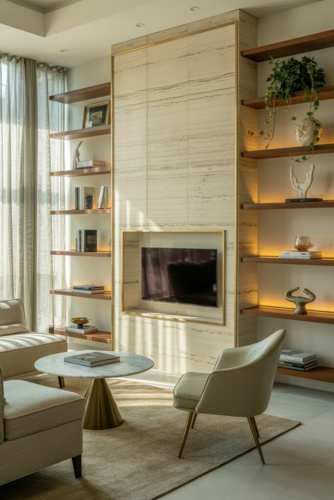 Living Room TV Wall Luxury: Sleek Ideas for a Stylish Setup 18 Contemporary living room with a travertine-look TV wall framed in gold, featuring floating wood shelves with soft lighting, a modern marble-topped table, and sleek furniture in warm neutral tones.
