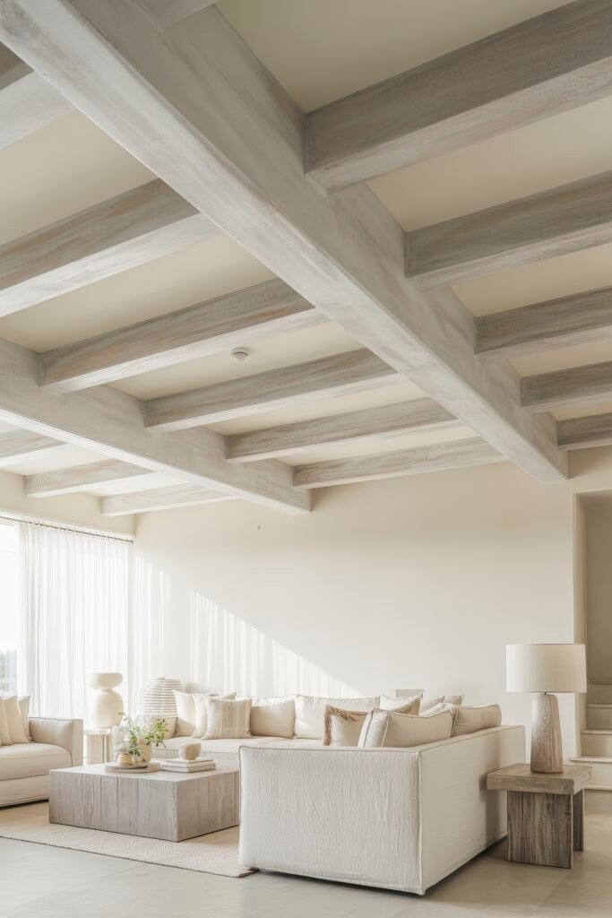 Luxury Ceiling Design in Living Rooms 13 Serene living space flooded with natural light, showcasing whitewashed ceiling beams, ivory-toned furniture, and textured decor for a breezy and calming atmosphere with subtle luxury.