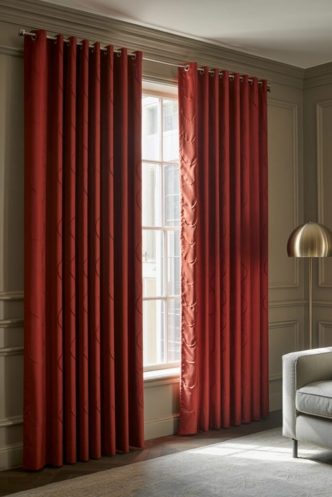 Luxury Curtains Living Room: Luxurious Curtains & Window Treatments 15 Cozy corner with deep red curtains softly glowing in daylight, beside a grey upholstered armchair and a curved brass floor lamp.