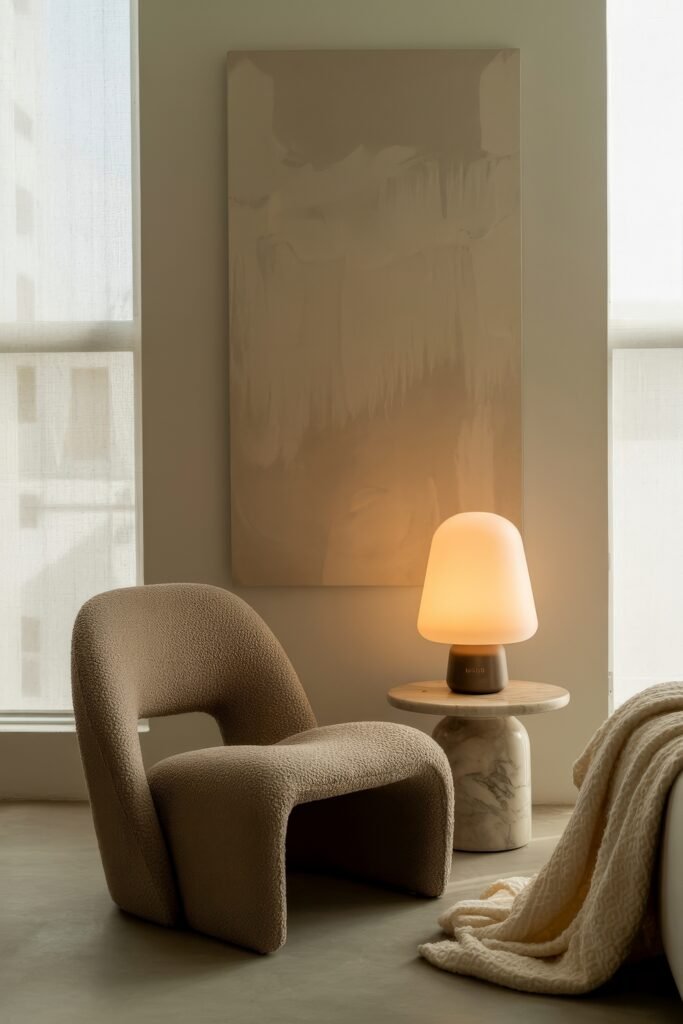 Modern Luxury Living Room: Designing a Sleek Luxe Lounge 19 Sunlit corner with a textured boucle lounge chair, marble pedestal side table and glowing mushroom lamp beside a casually draped knit throw