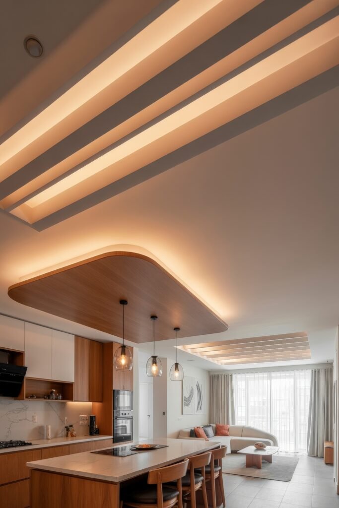 Open kitchen and living room: Smart Tips for Seamless Flow 17 Contemporary open kitchen and living room with sculptural lighting features on the ceiling, a curved sectional sofa, and wood-accented furniture with soft gray tones.