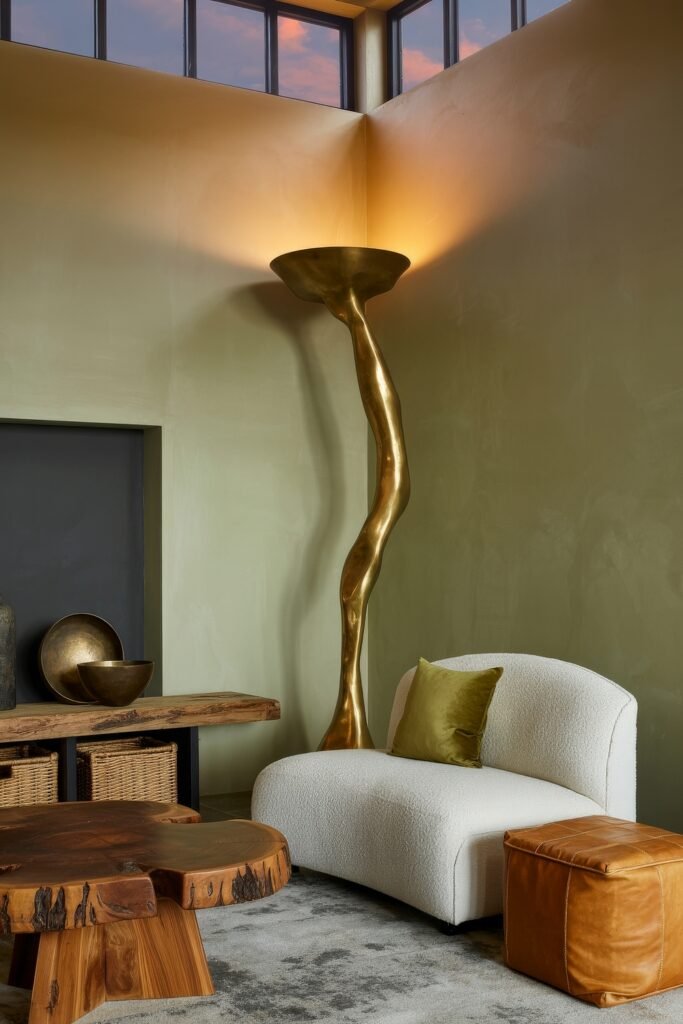 Rustic Luxury Living Room: Warm and Unique Living Area Themes 18 Bold and artistic living corner with a sculptural brass floor lamp, low boucle chair, wood and leather accents, and sunset light filtering through high windows.
