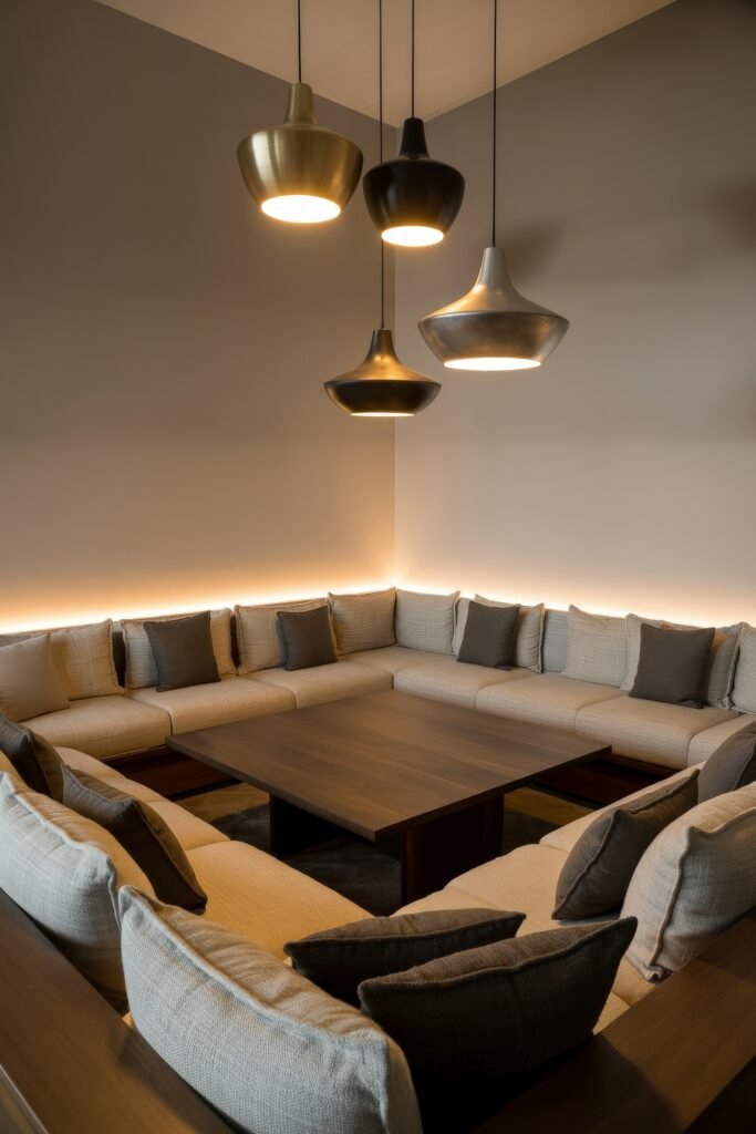 Sunken living room Magic: Cozy Tips for Instant Depth 17 Sophisticated living room with a sunken seating layout featuring beige and dark brown cushions, a large wooden square coffee table, and statement pendant lights against neutral walls.