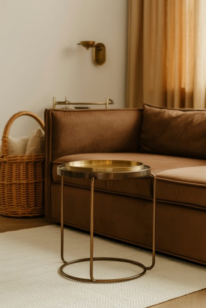 Brown Couch Living Room Ideas: Cozy and Chic Decor Inspiration 19 Understated brown couch with muted pillows beside a modern brass side table and neutral décor, offering a calm, curated brown couch living room idea.
