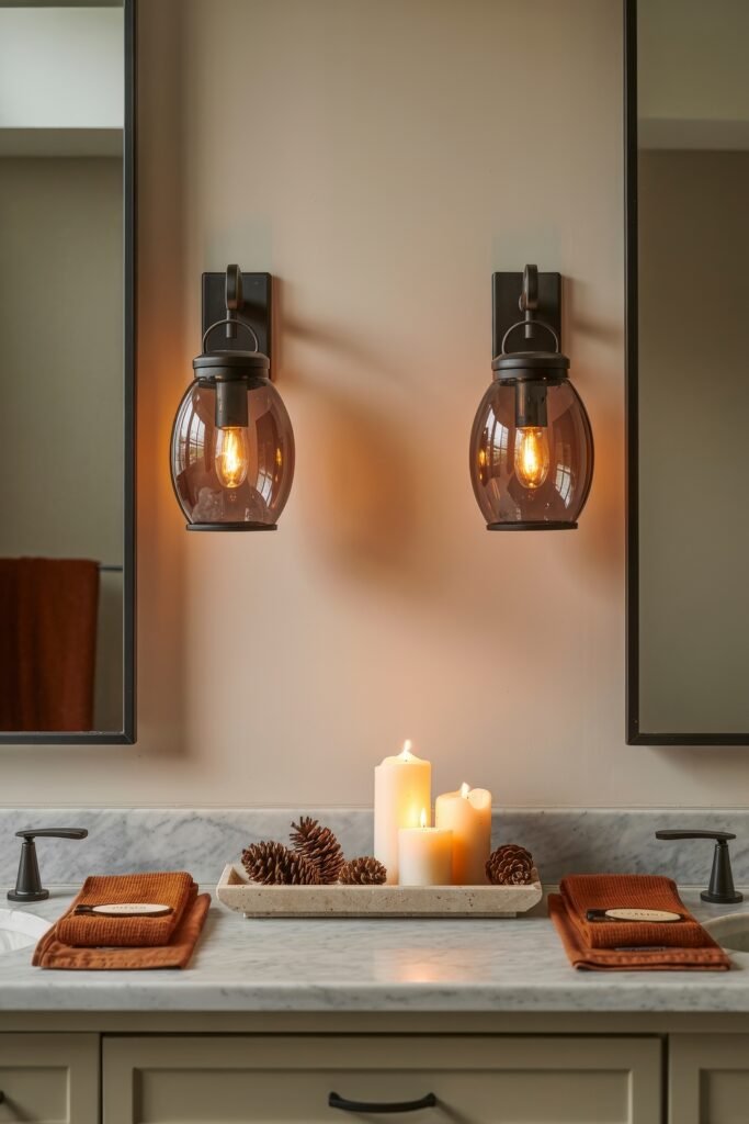 Fall Bathroom Decor: Cozy Upgrades for Instant Spa 19 Double-sink bathroom with warm lighting, amber sconces, and a tray of glowing candles and pinecones between two burnt orange towel arrangements, delivering a cozy and balanced fall bathroom decor feel.