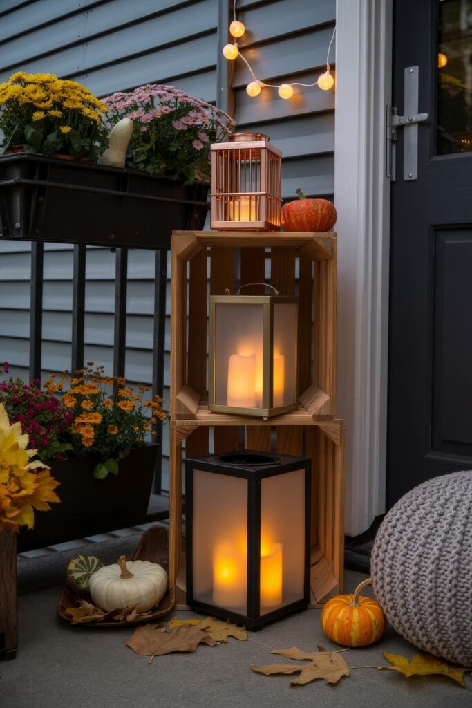 Fall Outdoor Decor: 12 Brilliant Touches for Tiny Porches 16 Lantern-lit doorway surrounded by mums, pumpkins, wooden crates, and glowing string lights, enhancing the cozy and festive vibe of the fall outdoor decor.