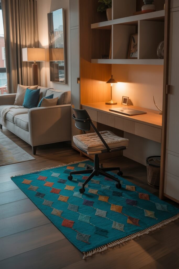 Living room office combo: Clever Ideas You’ll Love 18 Cozy living room office combo featuring a cushioned chair and a built-in desk with warm lighting, paired with a vibrant geometric rug and adjacent seating area.