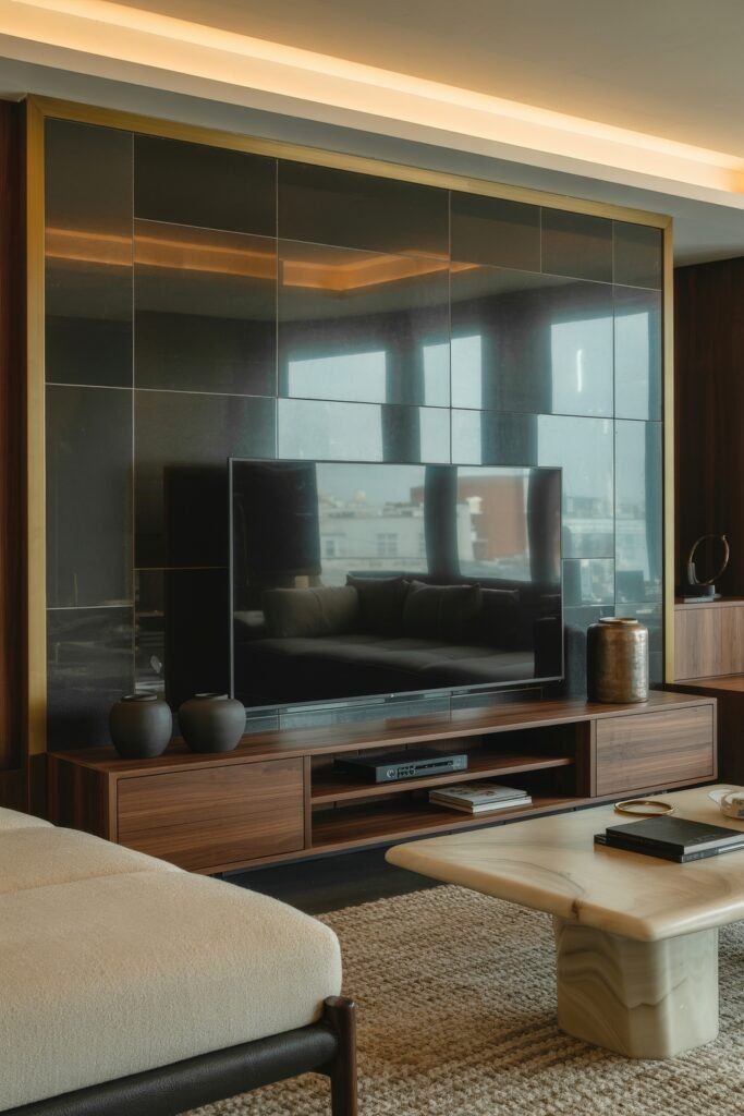 Living Room TV Wall Luxury: Sleek Ideas for a Stylish Setup 19 Stylish luxury living room with a wall-mounted TV on a glossy black tile backdrop, framed in gold and paired with a wooden console, neutral seating, and a sculptural stone coffee table.
