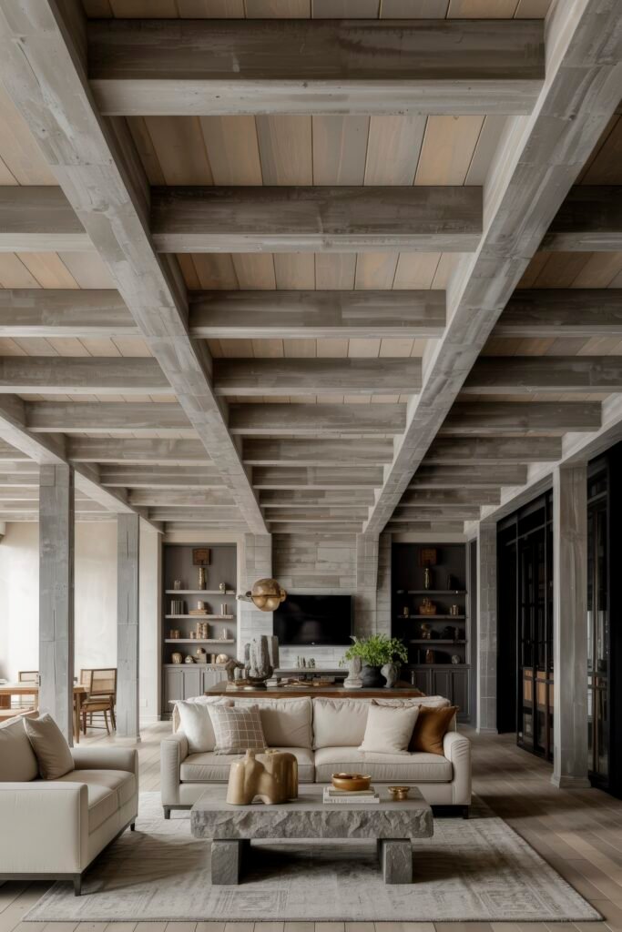 Luxury Ceiling Design in Living Rooms 14 Rustic modern interior with exposed gray wood beams, neutral upholstered sofas, a carved stone coffee table, and curated shelving, delivering a grounded yet refined luxury ceiling design living room.