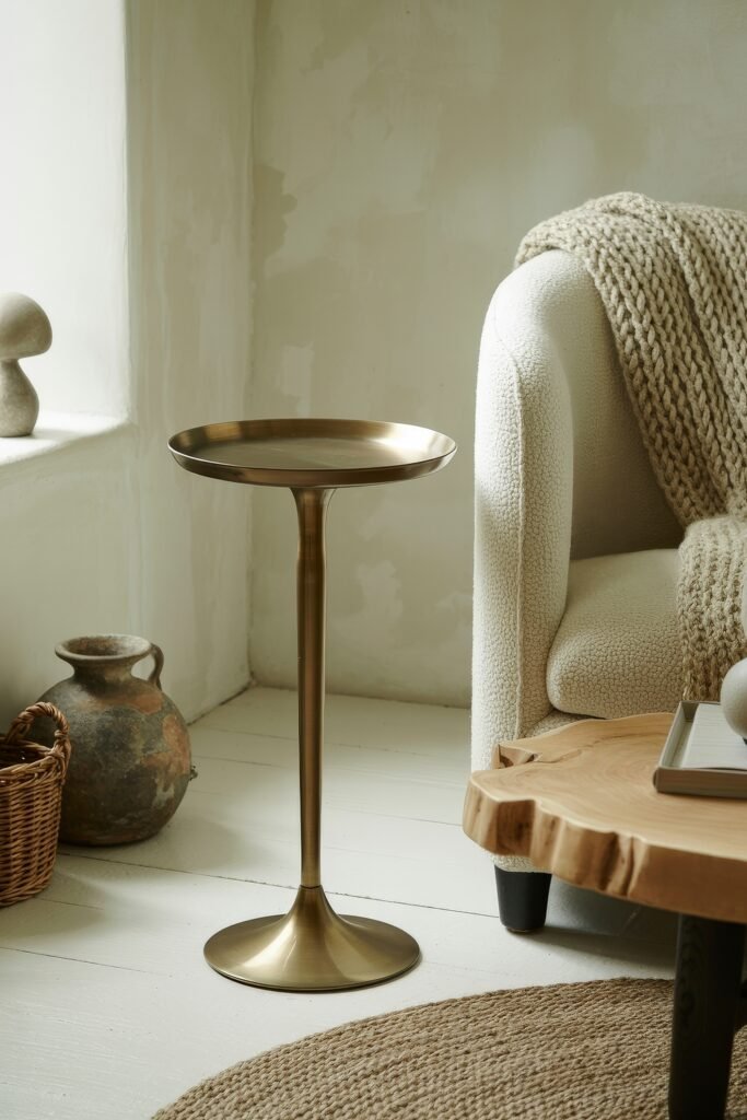 Rustic Luxury Living Room: Warm and Unique Living Area Themes 19 Serene nook with a tall brass pedestal table beside a boucle armchair, textured blanket, raw-edge coffee table, and a woven basket adding rustic warmth.