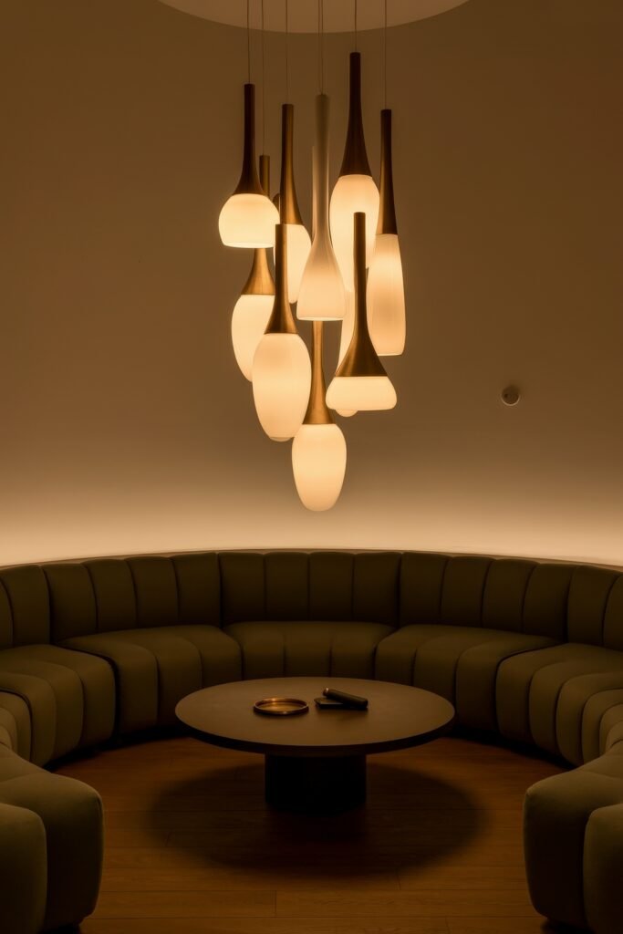Sunken living room Magic: Cozy Tips for Instant Depth 18 Contemporary round sunken lounge with tufted dark seating surrounding a circular table, illuminated by sculptural pendant lights and soft ambient wall lighting.