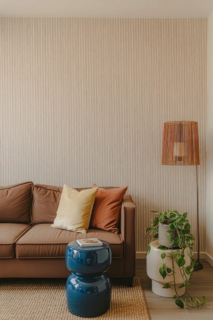 Brown Couch Living Room Ideas: Cozy and Chic Decor Inspiration 20 Playful mix of textures with a brown couch, yellow and rust pillows, a bright blue ceramic table, and leafy plant against a striped accent wall in a vibrant brown-themed living room.