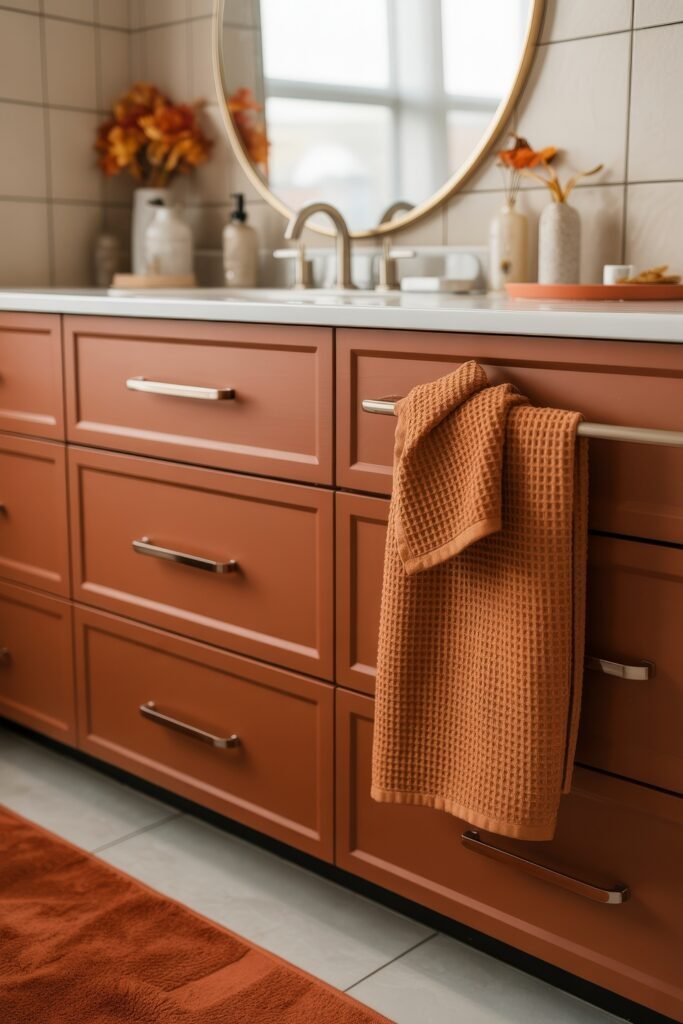 Fall Bathroom Decor: Cozy Upgrades for Instant Spa 20 Modern bathroom vanity with terracotta-colored cabinets and an orange waffle-weave towel draped over the drawer handle, complemented by soft lighting and autumn floral accents for a cohesive fall bathroom decor theme.