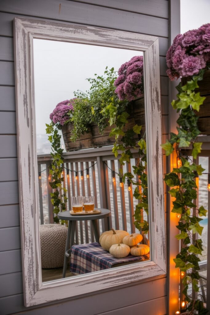 Fall Outdoor Decor: 12 Brilliant Touches for Tiny Porches 17 Reflected in a rustic white mirror, this balcony features hanging ivy, pumpkins, glowing lights, plaid textiles, and pink mums in wooden planters for seasonal charm.