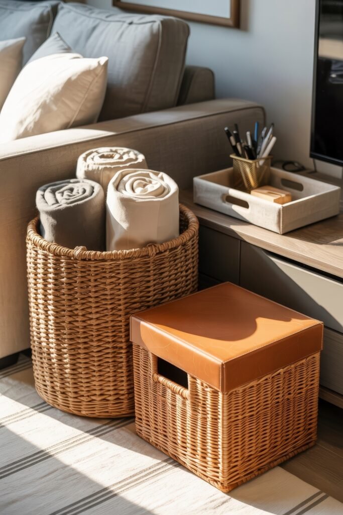 Living room office combo: Clever Ideas You’ll Love 19 Neatly styled corner with a woven basket of rolled throws, a rattan storage cube with a leather top, and a beige sofa, offering both comfort and organization in the living room.
