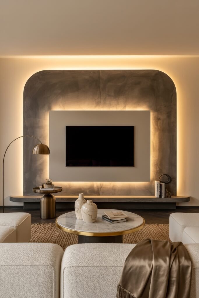 Living Room TV Wall Luxury: Sleek Ideas for a Stylish Setup 20 Softly lit modern space with a wall-mounted TV set in a sculpted TV wall luxury frame with curved gray plaster and warm ambient lighting, styled with boucle furniture, marble accents, and gold-toned decor.