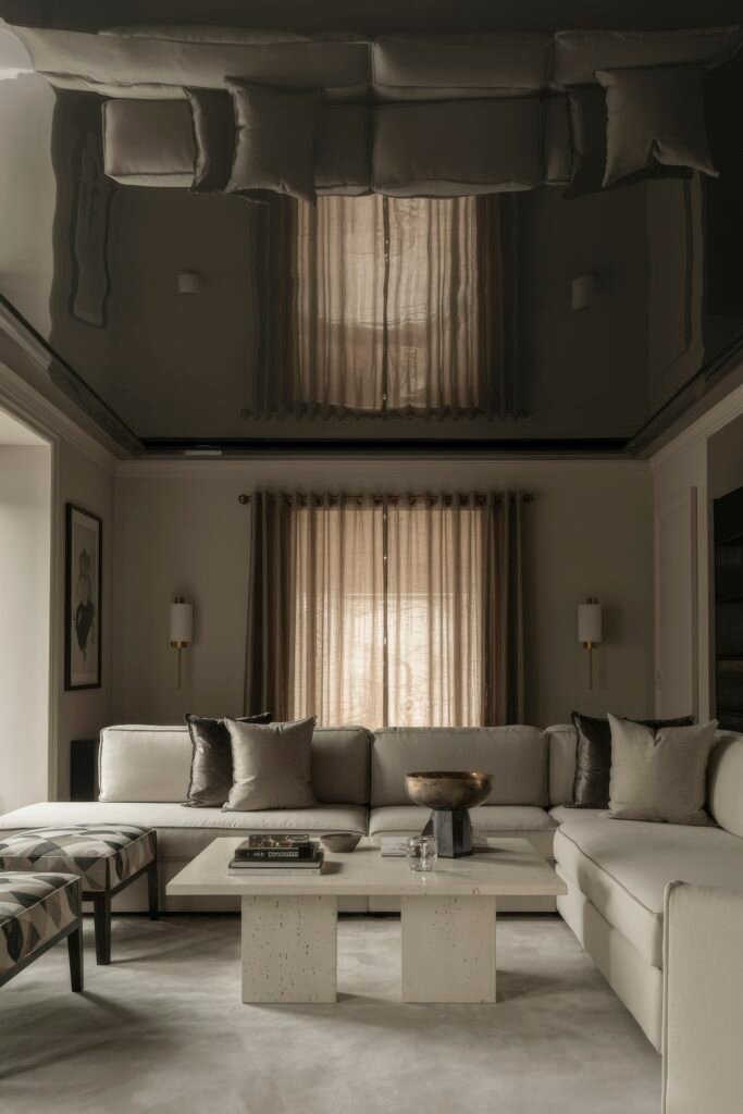 Luxury Ceiling Design in Living Rooms 15 Contemporary space with a glossy black mirrored ceiling reflecting the beige sectional below, taupe curtains, and stone-textured coffee table, exuding a moody yet upscale ambiance.