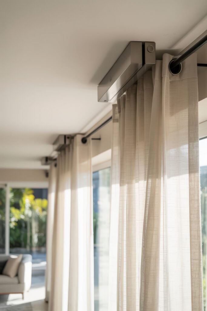 Luxury Curtains Living Room: Luxurious Curtains & Window Treatments 16 Close-up view of a modern automated curtain track mounted on the ceiling, holding sheer white curtains along a sunlit glass wall.