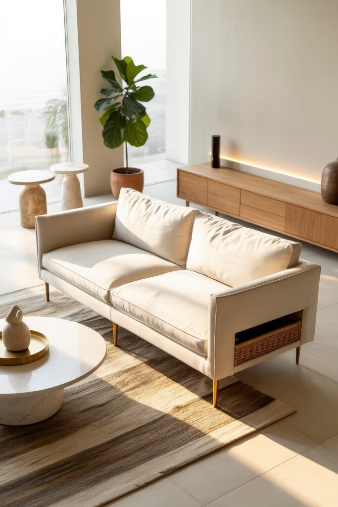 Luxury Sofa Living Room: Furniture for a Luxury Lounge 20 Coastal-inspired living room with a cream mid-century style sofa, brass legs, soft shadows from floor-to-ceiling windows, and organic decor elements on a smooth striped rug.