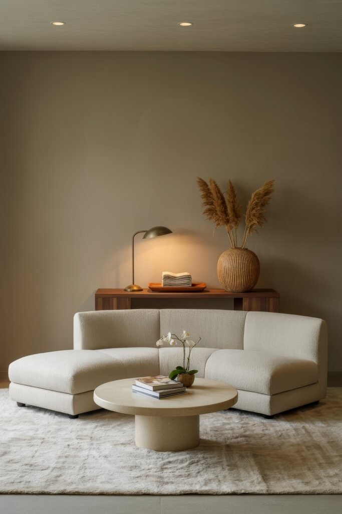Modern Luxury Living Room: Designing a Sleek Luxe Lounge 20 Bright modern luxury living room centred on a modular ivory chaise sofa, round limestone coffee table, fluffy rug and console styled with pampas grass and books