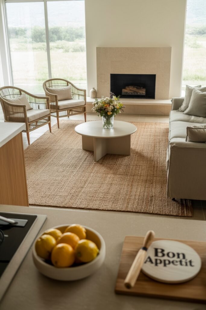 Open kitchen and living room: Smart Tips for Seamless Flow 18 Cozy open-plan living area with a stone fireplace, wicker chairs, and a vase of flowers on a round coffee table, seen from a kitchen counter with fresh lemons and a sign reading “Bon Appétit.”
