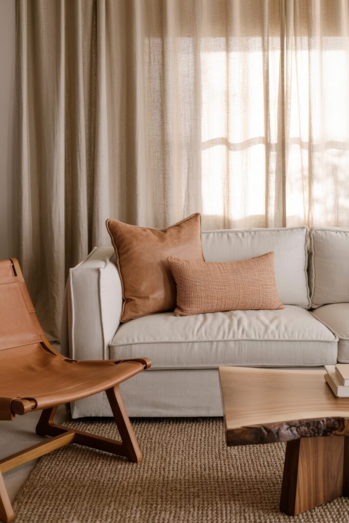 Rustic Luxury Living Room: Warm and Unique Living Area Themes 20 Softly lit living room featuring a neutral sofa with tan pillows, natural wood coffee table, leather sling chair, and sheer beige curtains filtering warm sunlight.