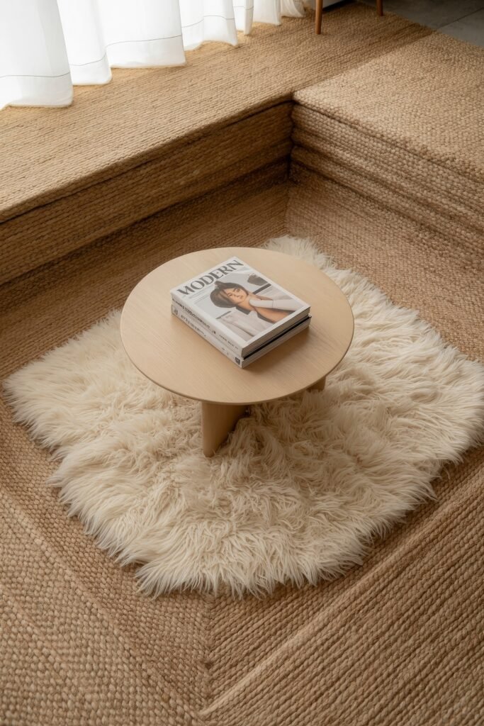 Sunken living room Magic: Cozy Tips for Instant Depth 19 Textured sunken corner with woven tan steps and a light wood round coffee table set atop a fluffy white rug, accented by a fashion book under natural daylight.