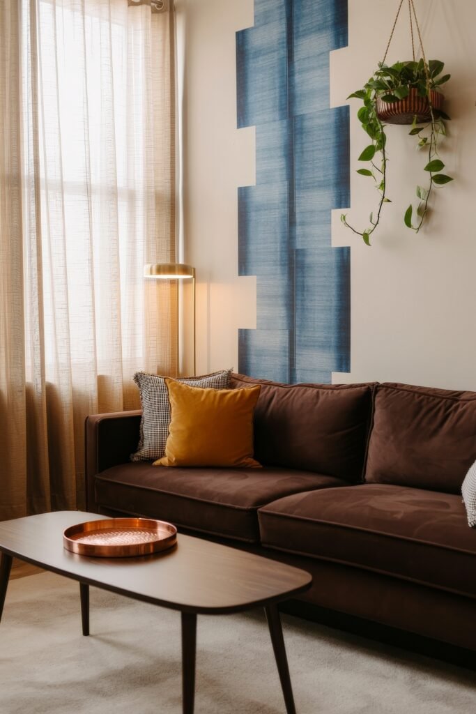 Brown Couch Living Room Ideas: Cozy and Chic Decor Inspiration 21 Contemporary brown couch with mustard and patterned pillows, set against a bold blue geometric wall accent and hanging plant, ideal for modern brown couch living room ideas.