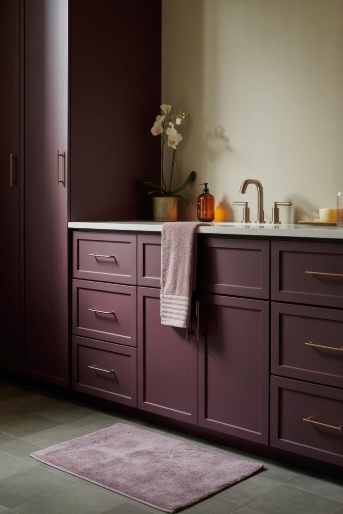 Fall Bathroom Decor: Cozy Upgrades for Instant Spa 21 Elegant bathroom with deep plum cabinetry, mauve towel, orchid in a gold pot, and amber soap dispenser, blending rich tones and soft lighting for a luxurious seasonal feel.