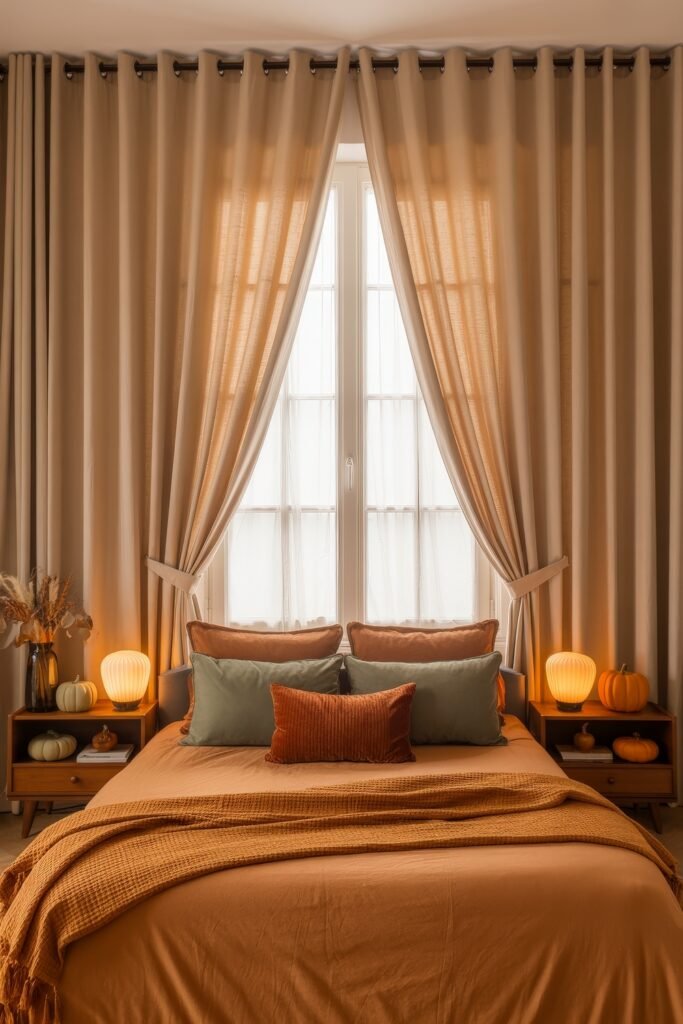 Fall Bedroom Decor: Cozy Ideas You’ll Love 20 Symmetrical fall bedroom with soft orange bedding, sage pillows, warm lighting, pumpkins on both nightstands, and sheer curtains framing a tall window.