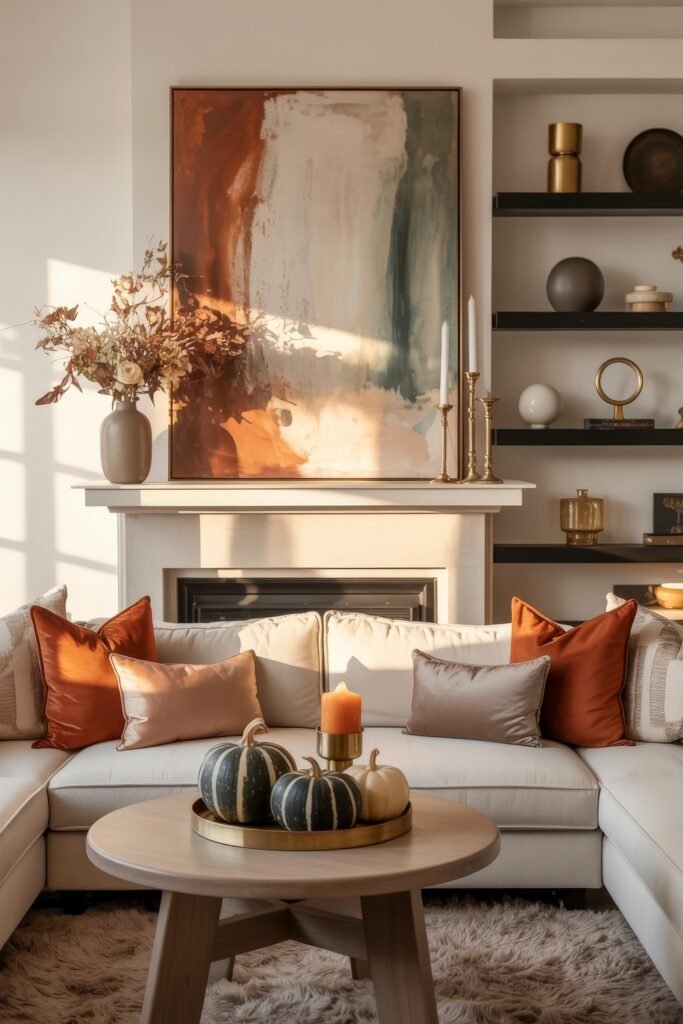 Fall Living Room Decor: Brilliant Ways to Cozy Up 19 Modern autumn living room featuring a round wood coffee table with black and white striped pumpkins, a plush cream sectional with satin and velvet pillows, and warm light casting across a bold abstract painting.