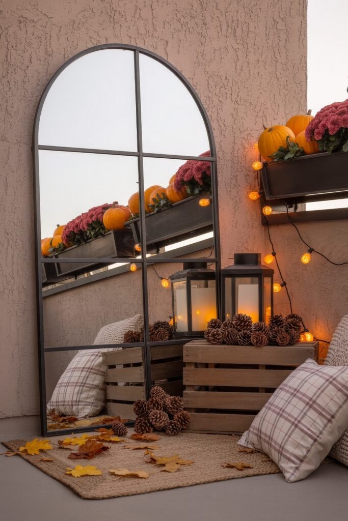 Fall Outdoor Decor: 12 Brilliant Touches for Tiny Porches 18 Neutral balcony setup with an arched mirror, string lights, pinecones, cozy pillows, and pumpkins paired with a black lantern to evoke relaxed fall ambiance.