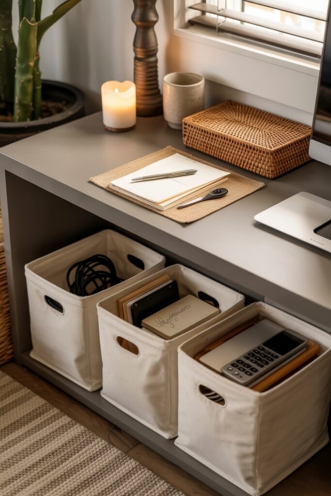 Living room office combo: Clever Ideas You’ll Love 20 Thoughtfully organized workstation with a soft candle glow, notepad and pen on a placemat, and canvas storage bins beneath the desk holding tech and office supplies.