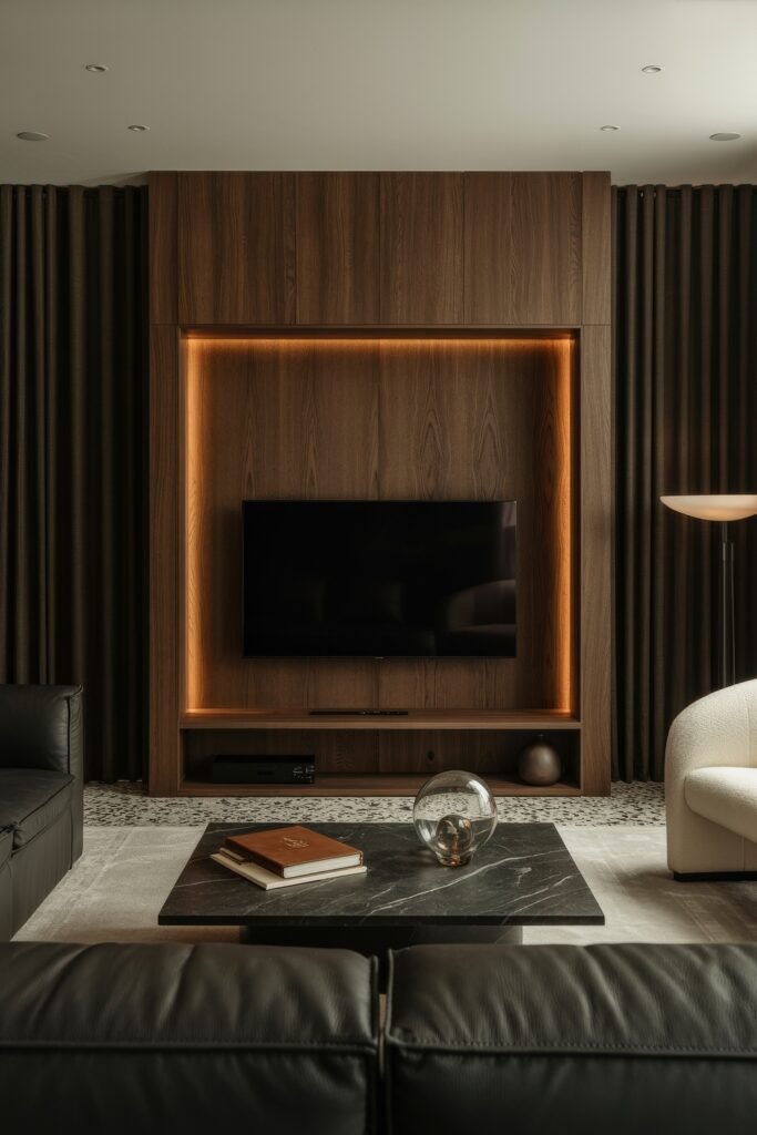 Living Room TV Wall Luxury: Sleek Ideas for a Stylish Setup 21 Contemporary living room featuring a living room tv wall luxury design with dark wood paneling, ambient backlighting, and a mounted flat-screen TV, surrounded by plush leather seating and a black marble coffee table with books and decor.