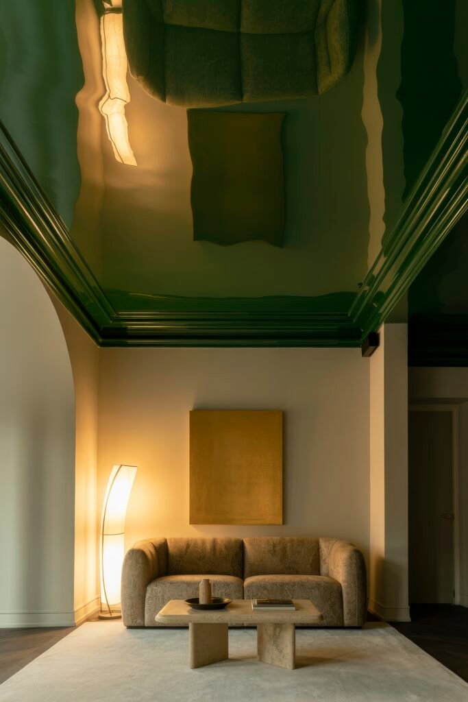 Luxury Ceiling Design in Living Rooms 16 Artistic modern lounge featuring a deep green high-gloss ceiling, sculptural lighting, a boucle-textured sofa, and minimalist decor, enhanced by a golden wall panel for a dramatic luxury living room aesthetic.