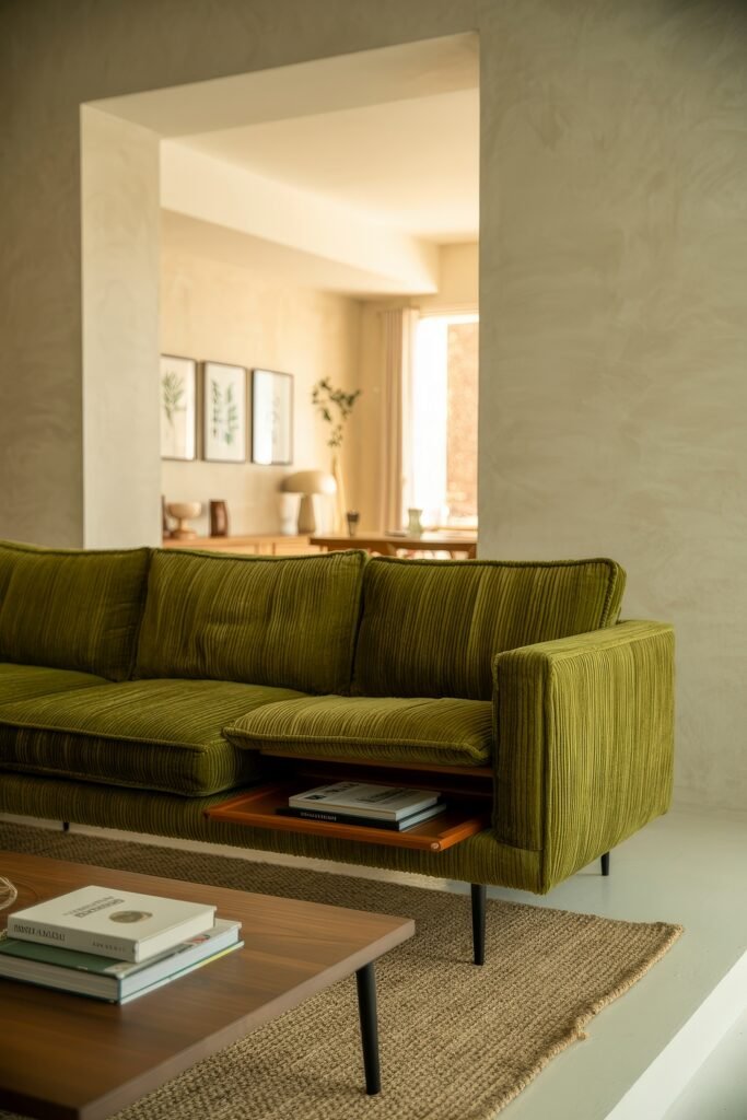 Luxury Sofa Living Room: Furniture for a Luxury Lounge 21 Minimalist living space featuring a retro-style olive green sofa with built-in storage, set on a natural fiber rug, with a view into a softly lit dining area framed by neutral tones.