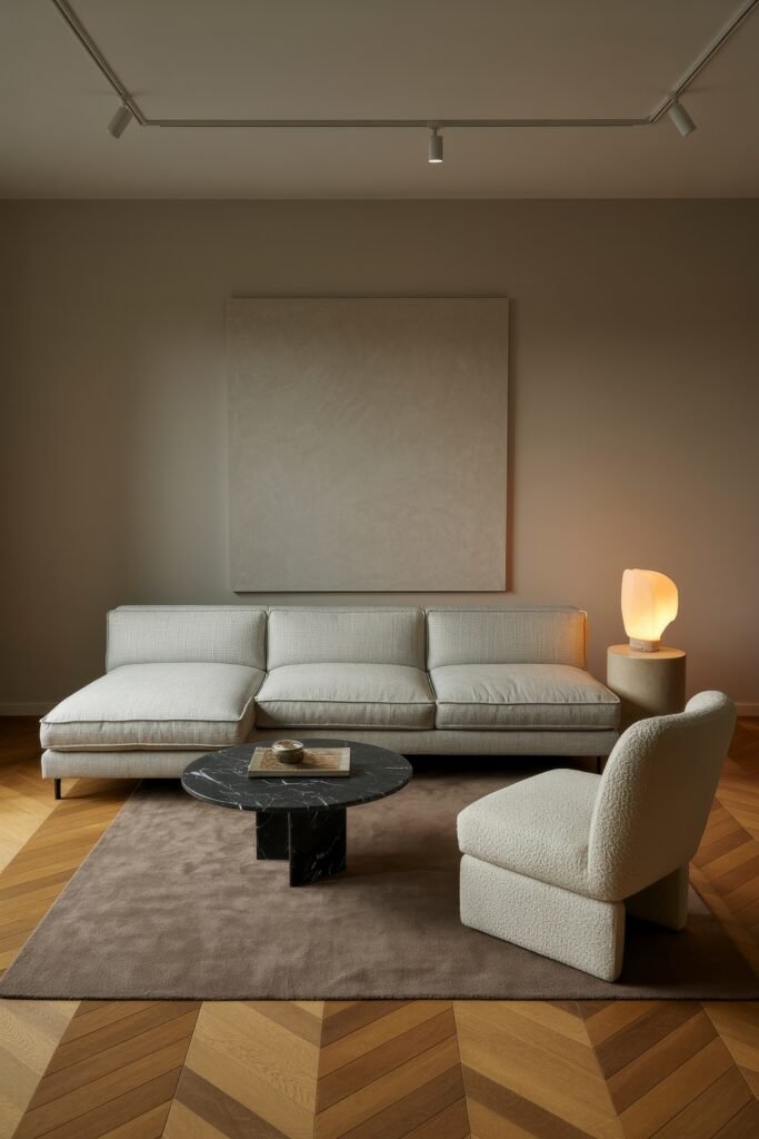 Modern Luxury Living Room: Designing a Sleek Luxe Lounge 21 Modern luxury living room with a pale grey sofa, black marble round coffee table, boucle slipper chair and sculptural lamp on chevron wood flooring against a large tonal canvas