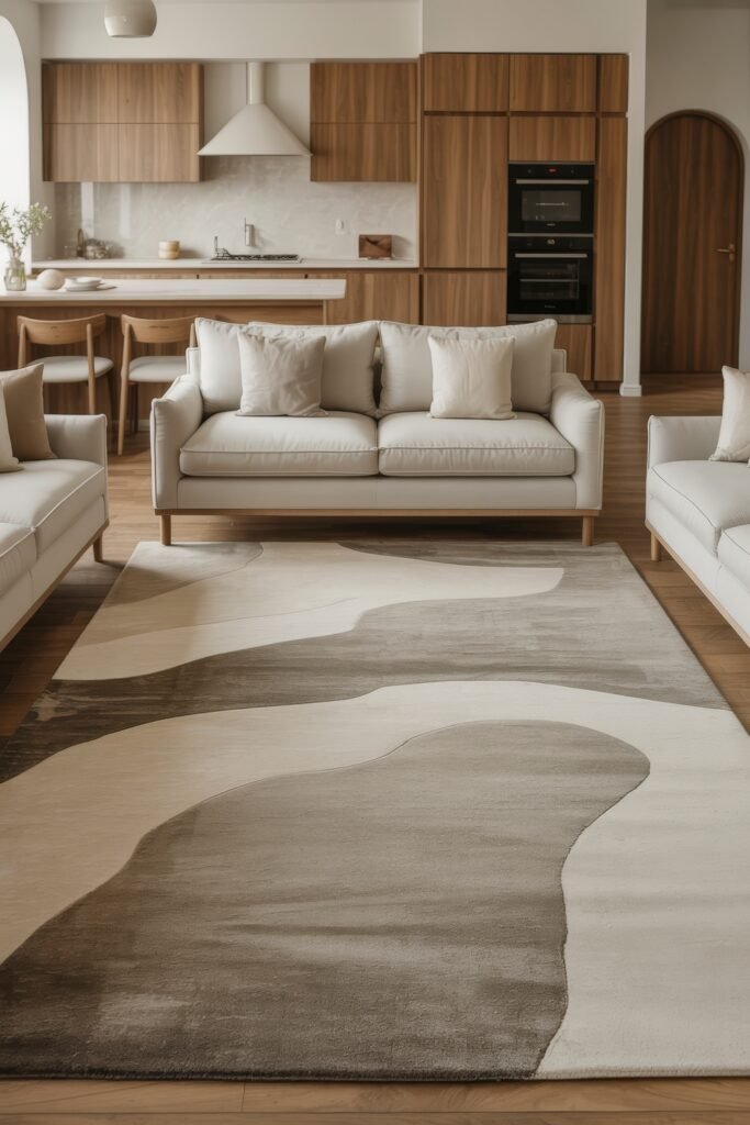 Open kitchen and living room: Smart Tips for Seamless Flow 19 Elegant open kitchen and living room featuring creamy upholstered sofas, light wood cabinetry, and a modern abstract area rug with flowing neutral patterns.