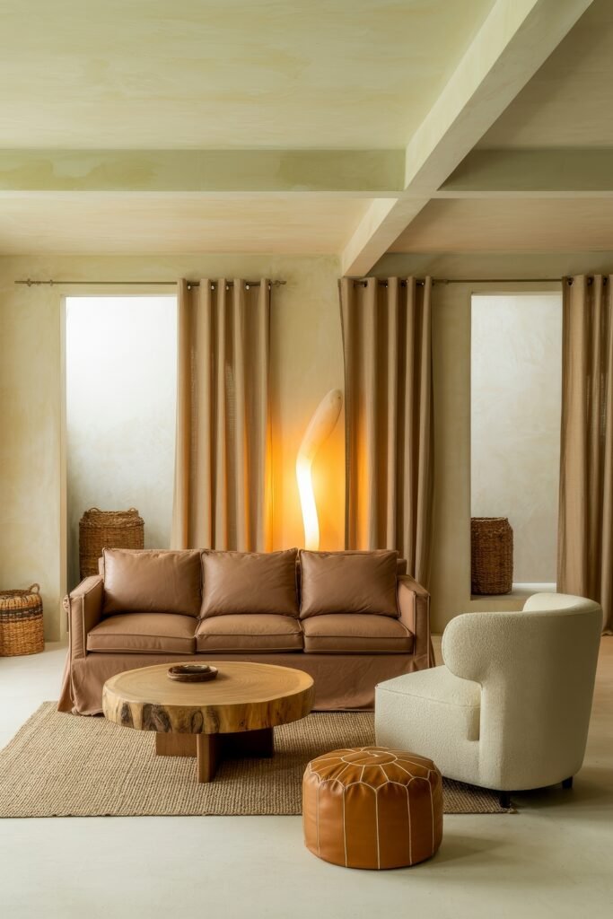 Rustic Luxury Living Room: Warm and Unique Living Area Themes 21 Tranquil luxury living room with a camel-toned leather sofa, boucle chair, round wood coffee table, and sculptural glowing floor lamp, framed by soft beige curtains and woven baskets.