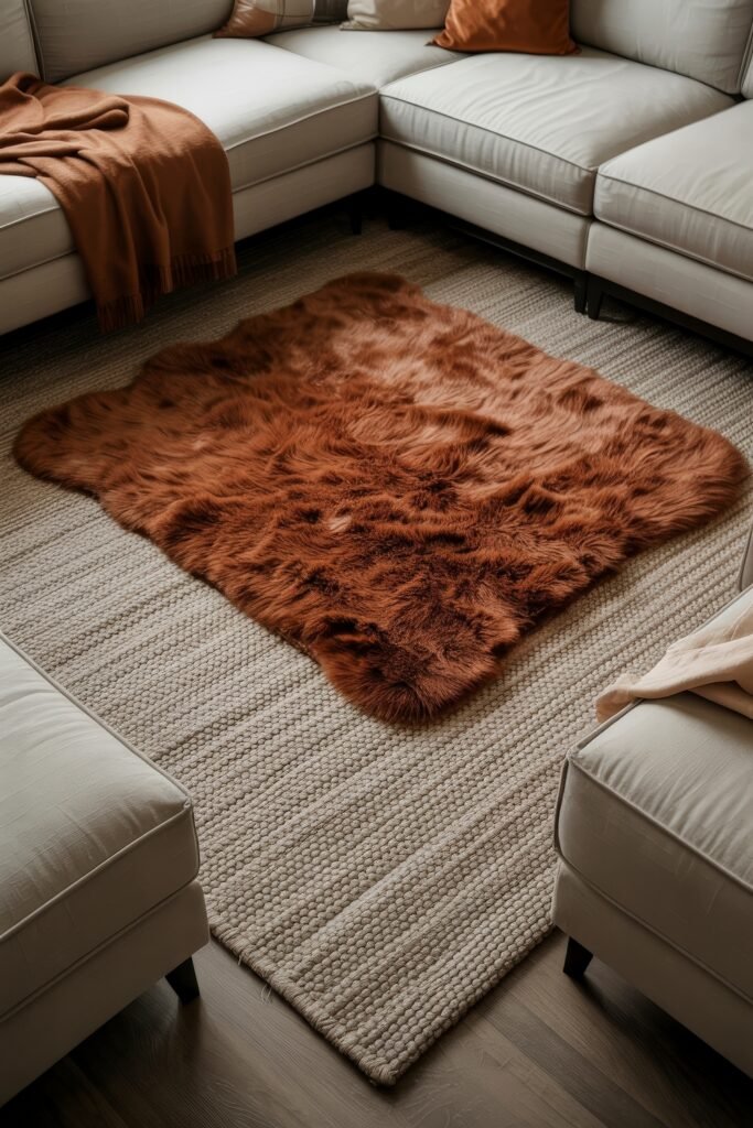 Sunken living room Magic: Cozy Tips for Instant Depth 20 Cozy neutral living room layout with a light sectional sofa surrounding a layered rug setup, featuring a burnt orange faux fur throw rug on top of a thick woven base rug.