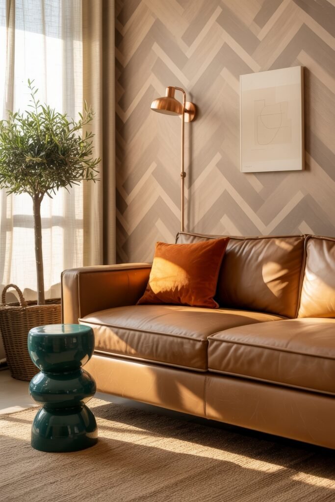 Brown Couch Living Room Ideas: Cozy and Chic Decor Inspiration 22 Sleek tan leather sofa with a burnt-orange pillow, green ceramic side table, and soft natural light illuminating chevron wallpaper and a leafy indoor tree.