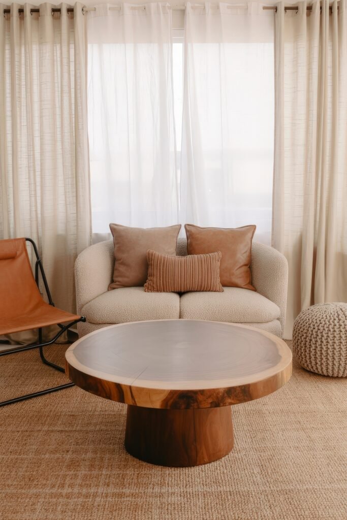 Rustic Luxury Living Room: Warm and Unique Living Area Themes 22 Bright and cozy space with a boucle loveseat, leather and ribbed pillows, woven pouf, and round wood coffee table, set against sheer curtains filtering natural light.