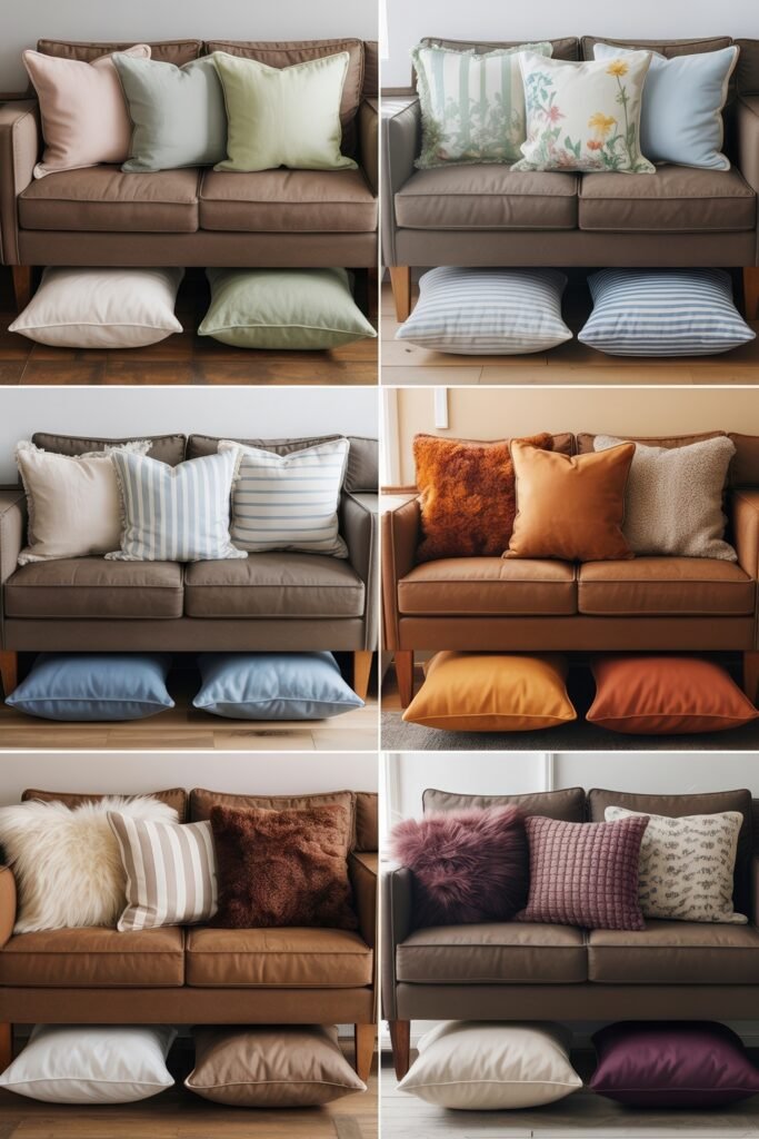 Brown Couch Living Room Ideas: Cozy and Chic Decor Inspiration 23 Collage of brown couches styled with various colorful and textured pillows, showcasing a range of brown couch living room ideas from soft pastels to bold and cozy palettes.