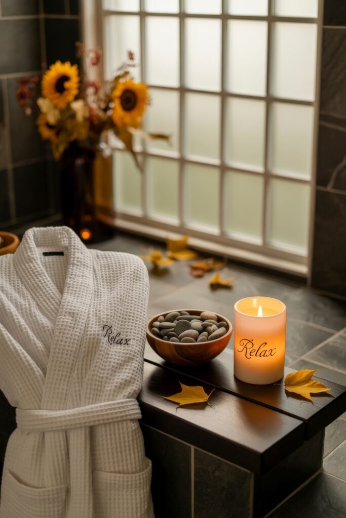 Fall Bathroom Decor: Cozy Upgrades for Instant Spa 22 Spa-like bathroom scene with a white waffle robe labeled “Relax,” a bowl of smooth stones, a lit candle, scattered yellow leaves, and a vase of sunflowers, creating a calming fall decor moment.