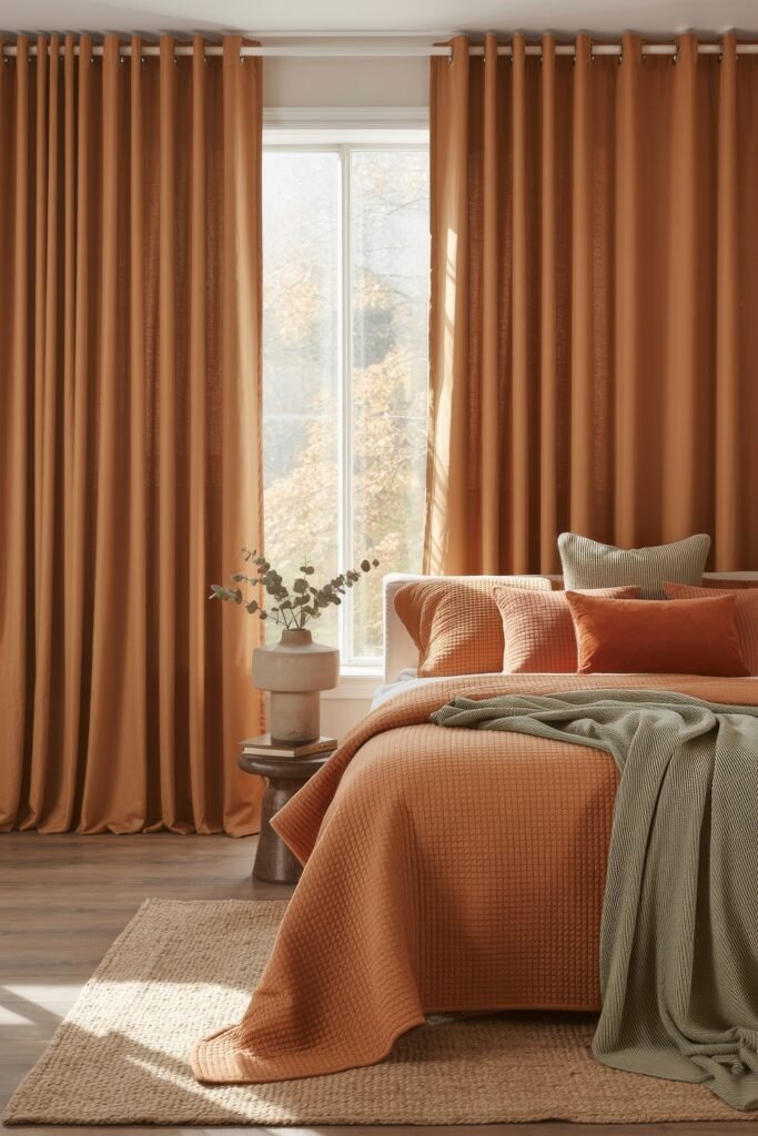 Fall Bedroom Decor: Cozy Ideas You’ll Love 22 Cozy fall bedroom decor with rust bedding, sage green throw, textured pillows, and full burnt orange curtains framing a window with soft light.