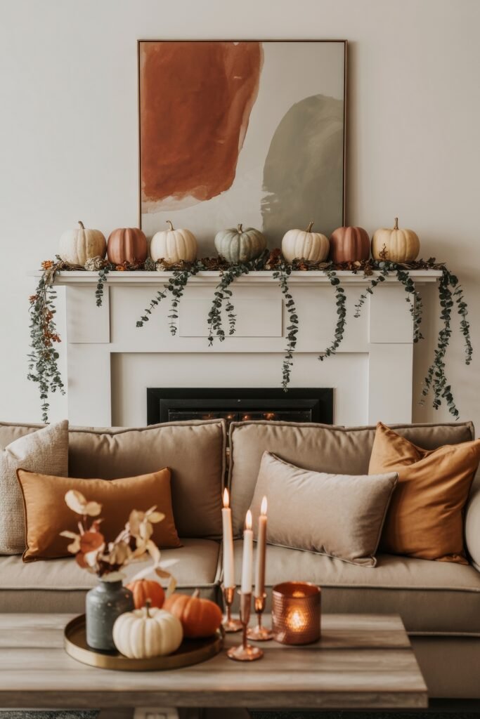 Fall Living Room Decor: Brilliant Ways to Cozy Up 20 Serene fall living room decor with a beige sofa, bronze and camel-toned pillows, a rustic coffee table with pumpkins and candles, and a white mantel topped with greenery and multicolored pumpkins under abstract wall art.