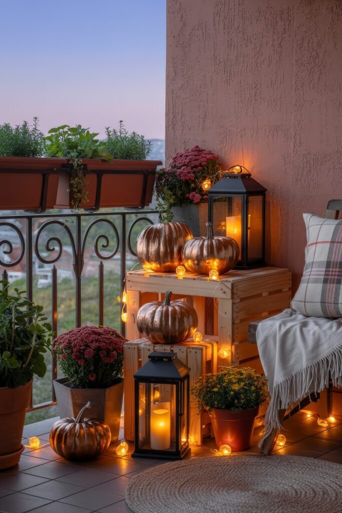 Fall Outdoor Decor: 12 Brilliant Touches for Tiny Porches 19 Welcoming balcony with copper-toned pumpkins on wooden crates, cozy throws, string lights, potted mums, and lanterns adding sparkle to this festive fall outdoor decor.