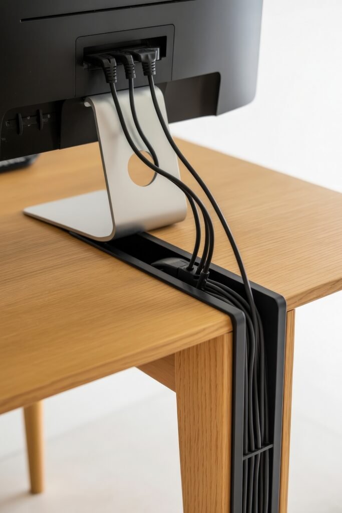 Living room office combo: Clever Ideas You’ll Love 22 Close-up of a cable management system routing several black cords from a computer monitor through a built-in channel in a light wood desk for a clean, clutter-free workspace.