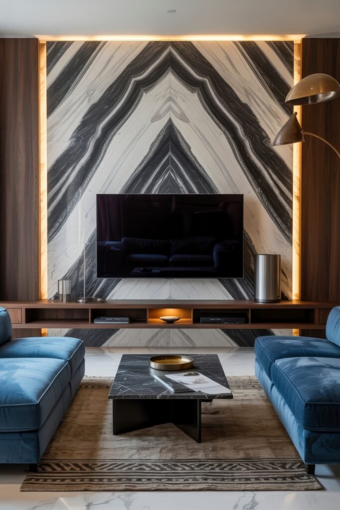 Living Room TV Wall Luxury: Sleek Ideas for a Stylish Setup 22 Bold luxury TV wall with a dramatic chevron-patterned black and white marble panel, ambient lighting, a mounted screen, and deep blue velvet sofas arranged around a black marble coffee table on a textured rug.