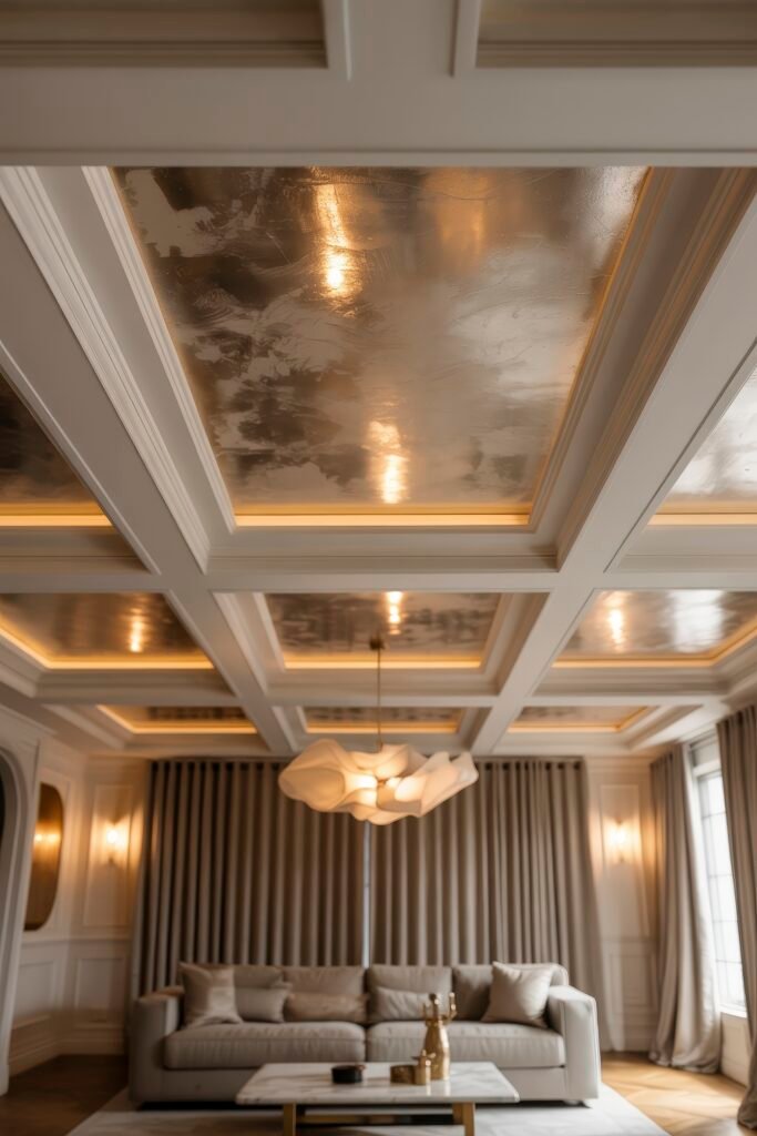 Luxury Ceiling Design in Living Rooms 17 Elegant interior with a unique coffered ceiling inset with metallic panels, sculptural chandelier, neutral-toned sofa, and marble-top table, reflecting a polished luxury ceiling design living room.